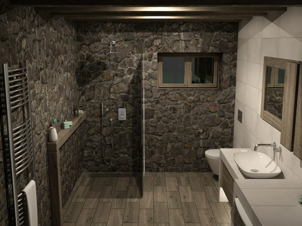 salle de bain avec mur en pierre